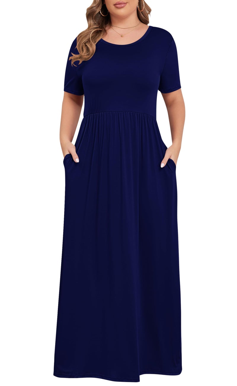 KARALIN Womenâ€™s Plus Size Maxi Dresses for Curvy Women Summer Casual Short Sleeve 2025 Long Dress Navy Blue 22W - Image 1